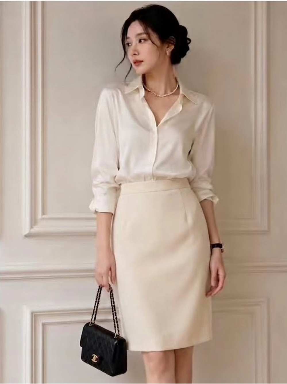 Vintage Size 8 100% Wool Cream High Waisted Pleated Pencil Skirt Quiet Luxury